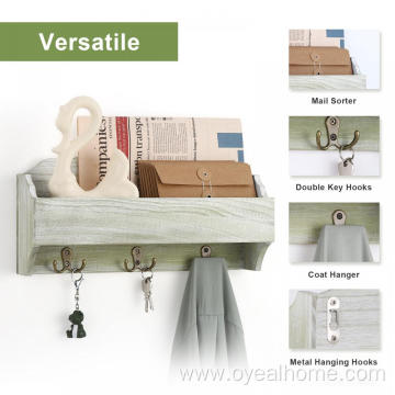 Wood Mail Holder with Double Metal Key Hooks